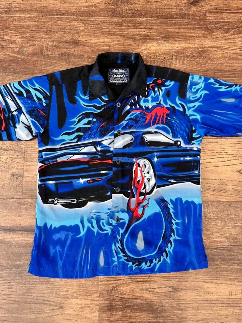 Vintage 2000s Y2K JDM Mazda RX7 Car Dragon Flames Short Sleeve Button Shirt Sz S